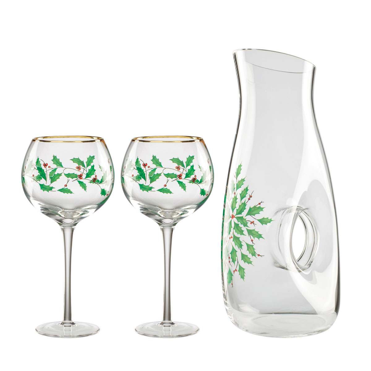 Lenox Holiday Glassware Decal 3 Piece Bar Set, Decanter and 2 Wine Balloon Glasses