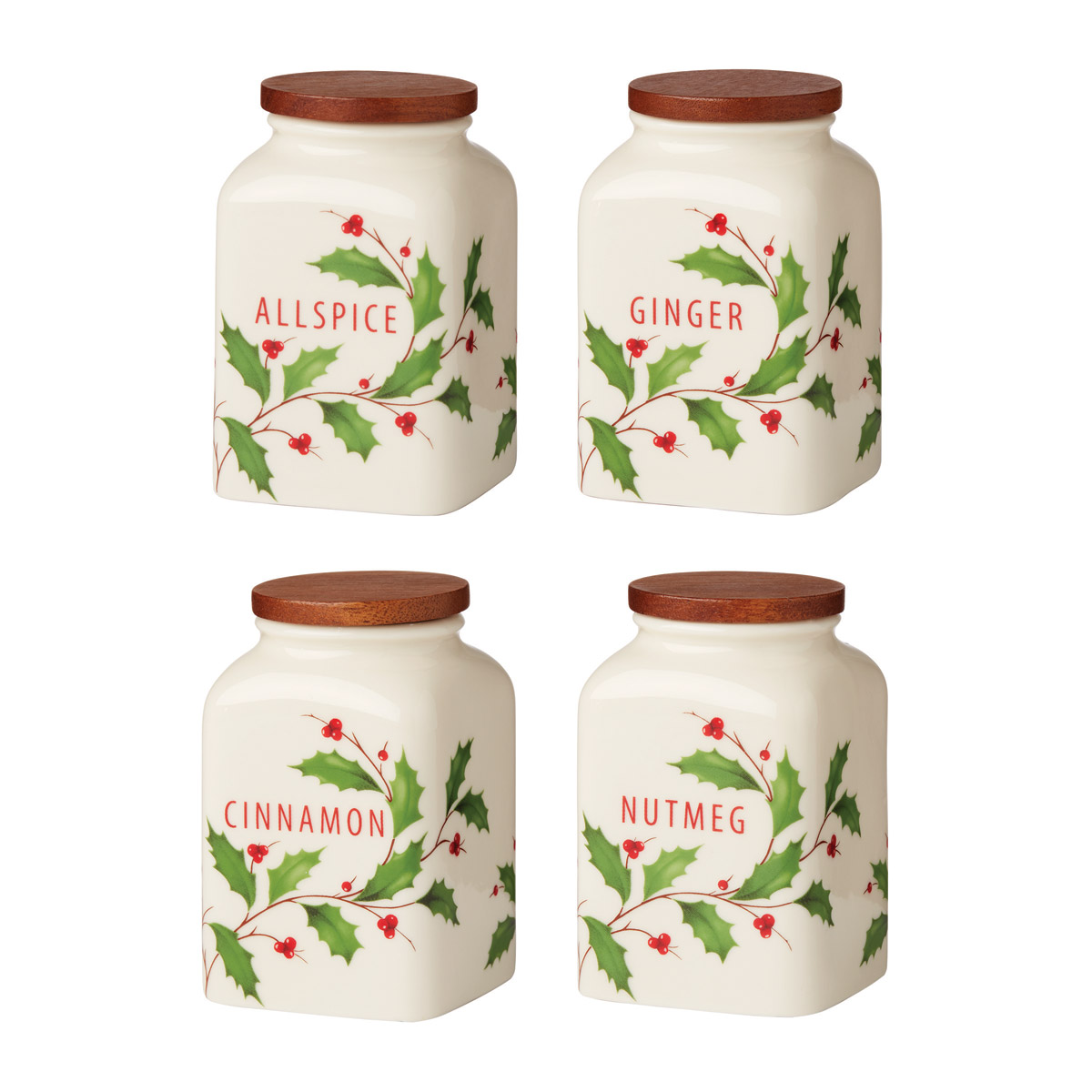 Lenox China Holiday Spice Jars-Baking, Set Of 4, Cinnamon, Ginger, Nutmeg,Allspice