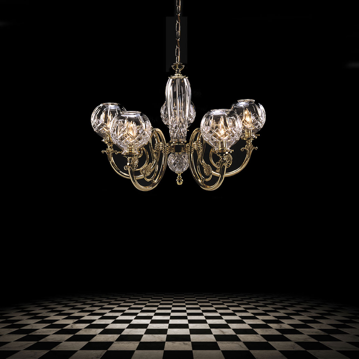 Waterford Crystal, Lismore Brass 5 Arm Crystal Ball Chandelier