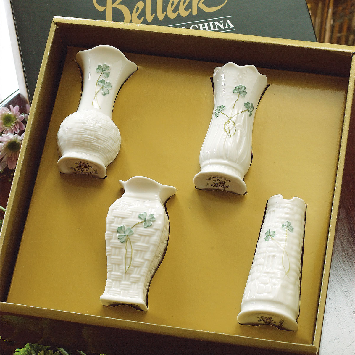 Belleek China Shamrock Mini 4" Vases, Set of Four
