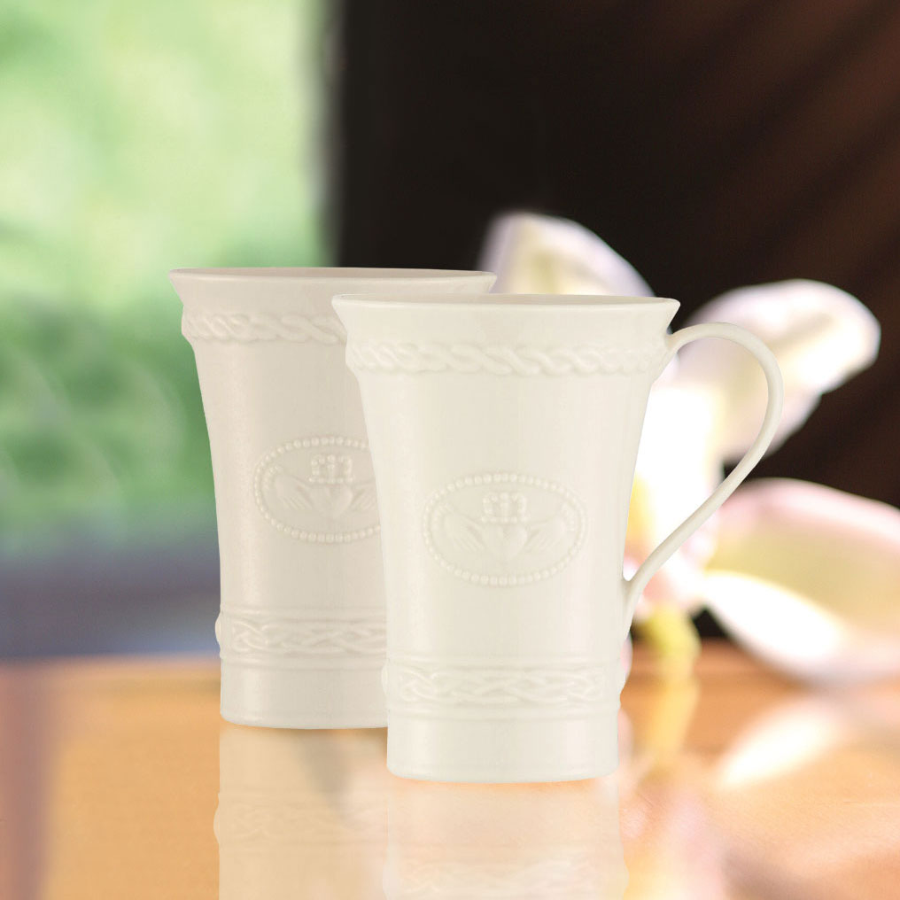 Belleek China Claddagh Latte Mugs, Pair