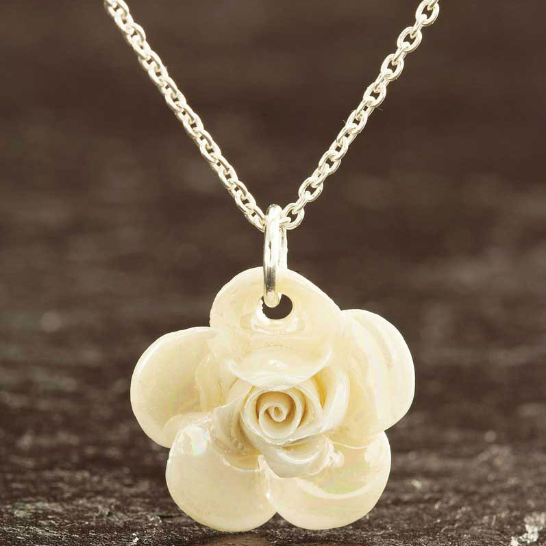 Belleek China Rose Pendant Necklace, Mother of Pearl