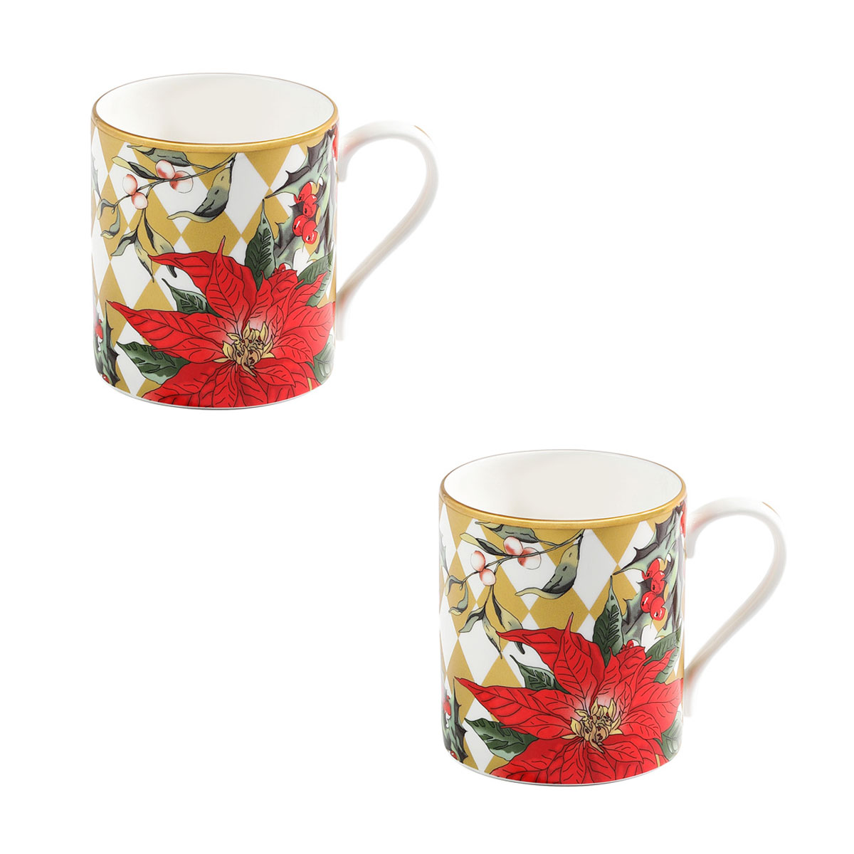 Halcyon Days Parterre Gold with Poinsettia Mug Set of 2