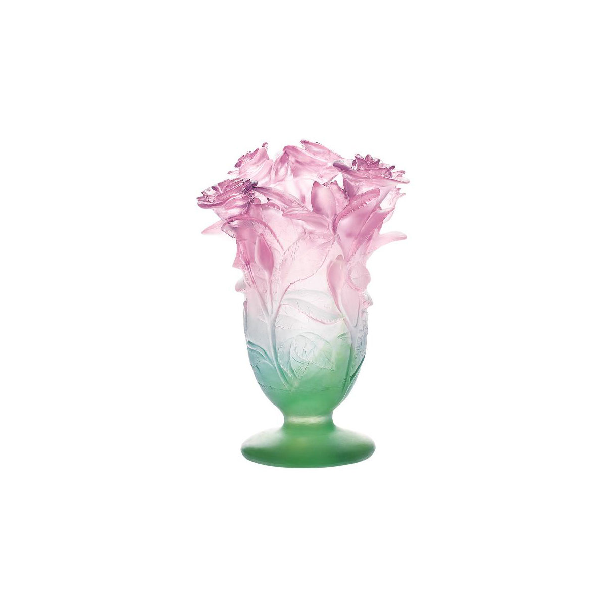 Daum Small Roses Vase in Green and Pink