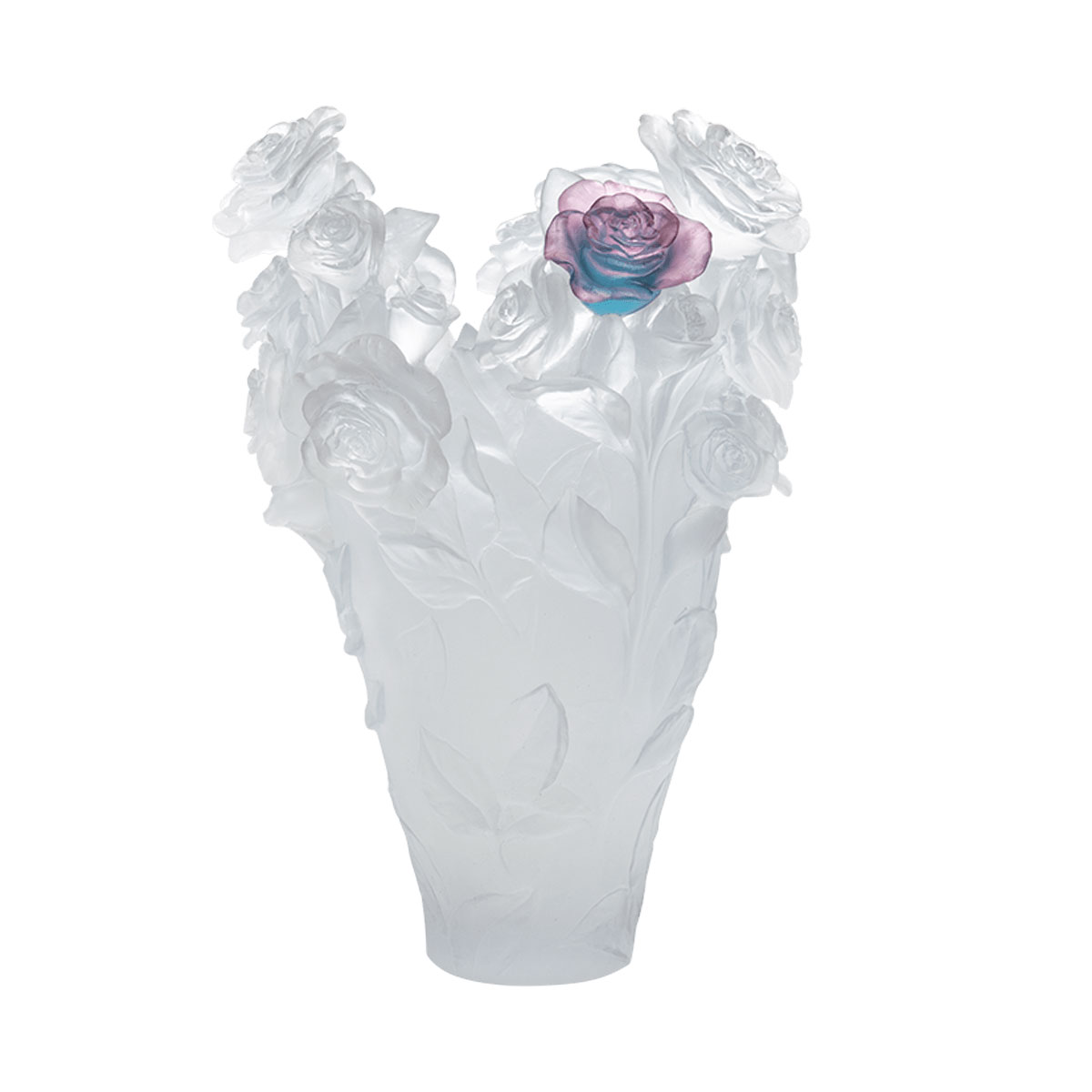 Daum Magnum Rose Passion Vase in White with Green and Pink Flower, Limited Edition