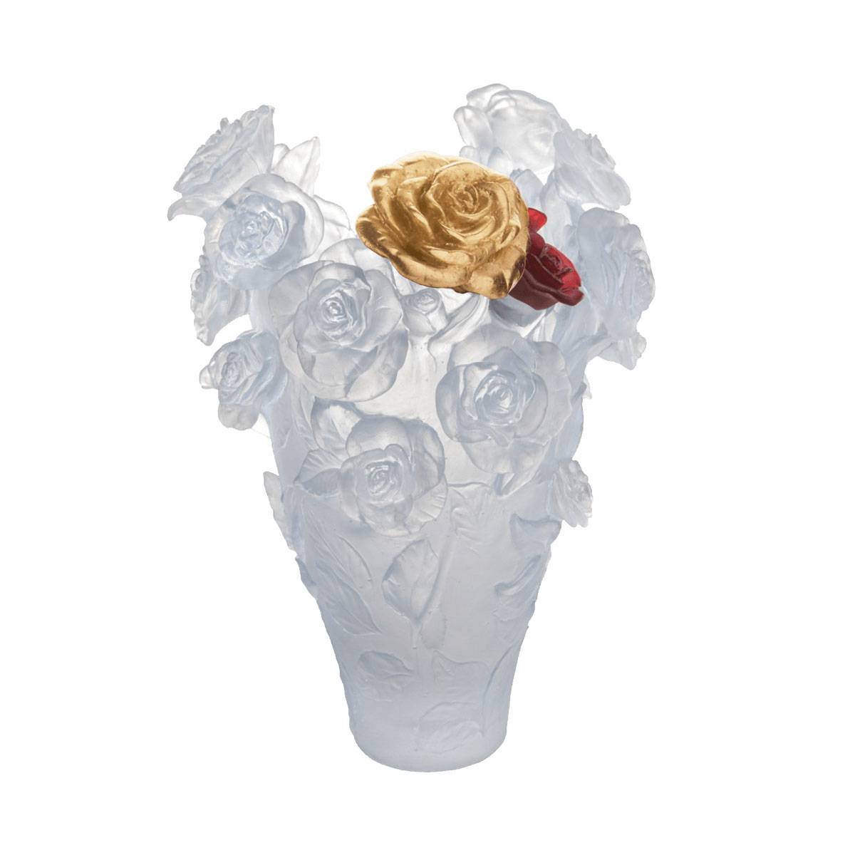 Daum Magnum Rose Passion Vase in White with Red and Gold Flowers, Limited Edition