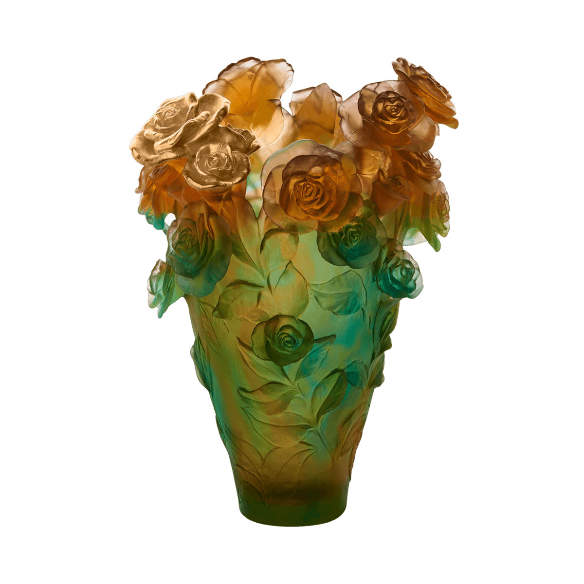 Daum Magnum Rose Passion Vase in Green and Orange with Gilded Rose, Limited Edition