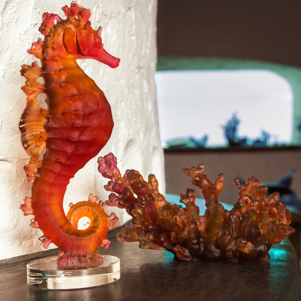Daum Coral Sea Amber Red Seahorse Sculpture