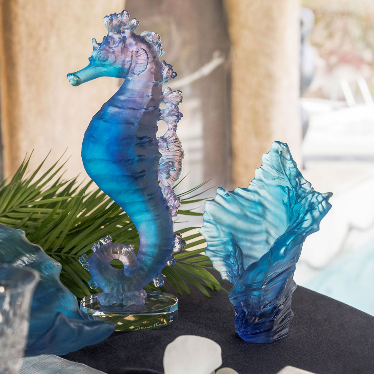 Daum Coral Sea Blue Pink Seahorse Sculpture