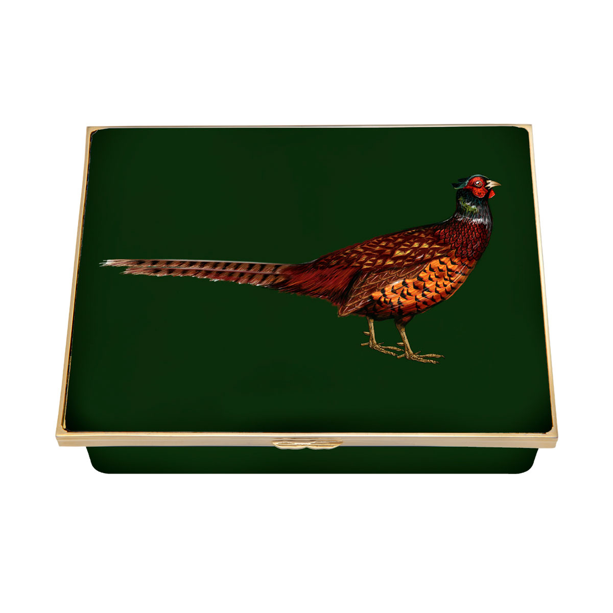 Halcyon Days Woodland Wildlife Pheasant Leather Lined Orange Enamel Box