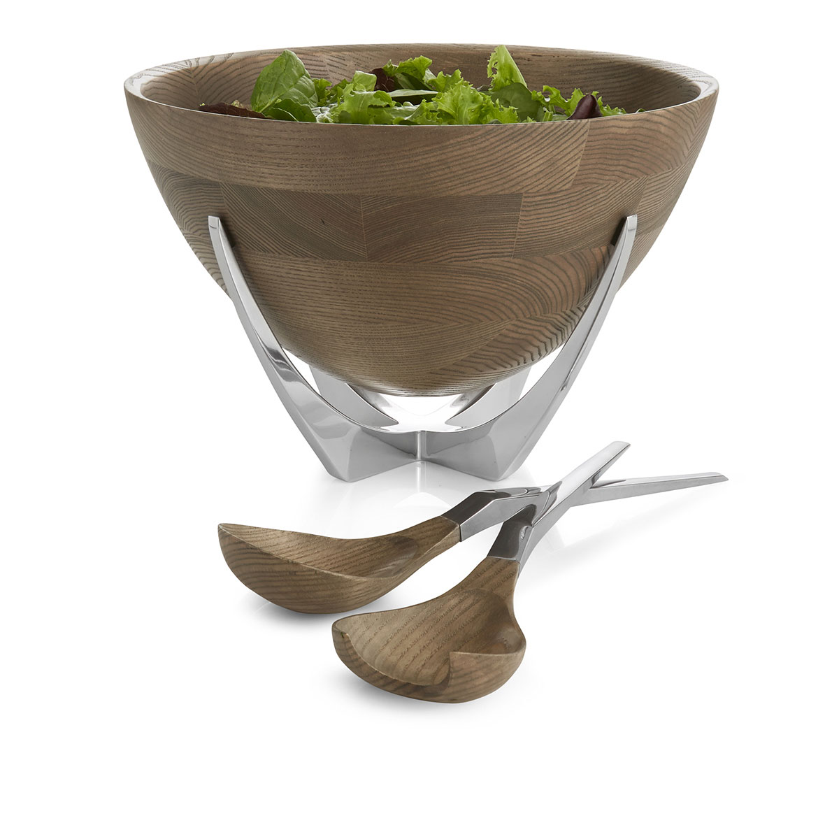 Nambe Metal and Wood Cabo Salad Bowl w/ Servers