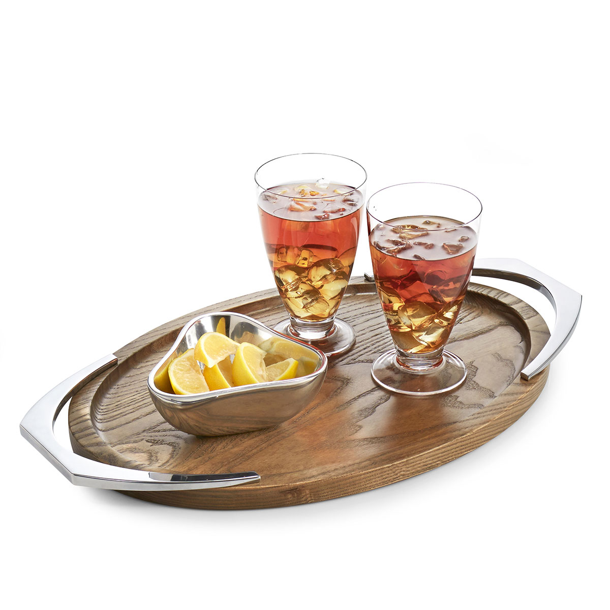 Nambe Metal and Wood Cabo Oval Handled Tray