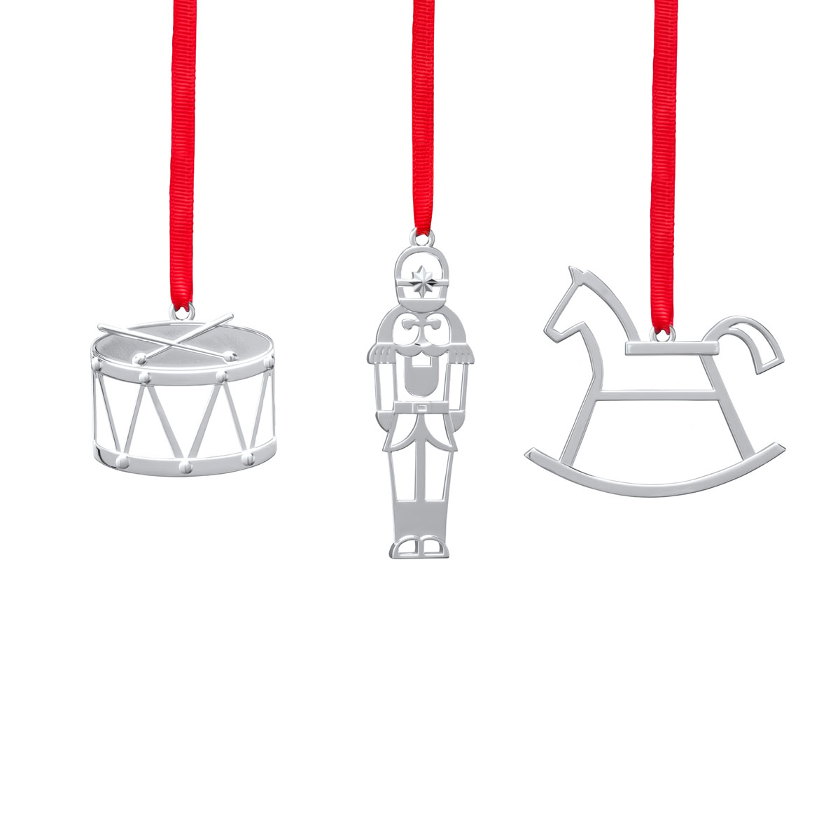 Nambe 2022 Metal Mini Rocking Horse, Nutcracker and Drum Set of Three Ornaments
