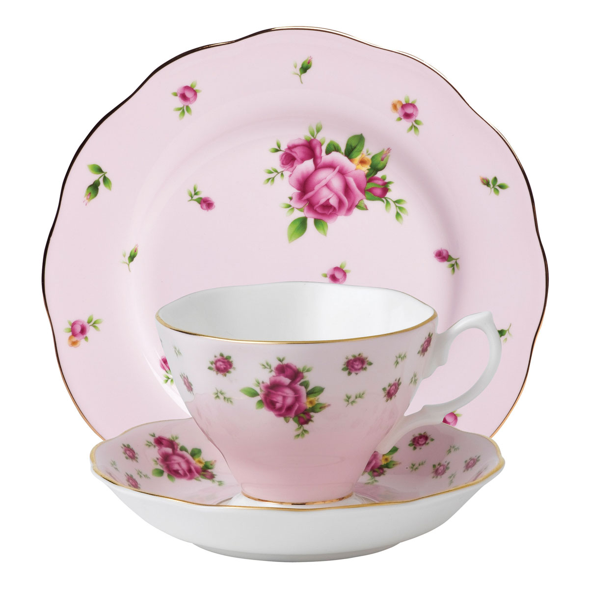 Royal Albert China New Country Roses Pink 3-Piece Set - Teacup, Saucer and Dessert Plate