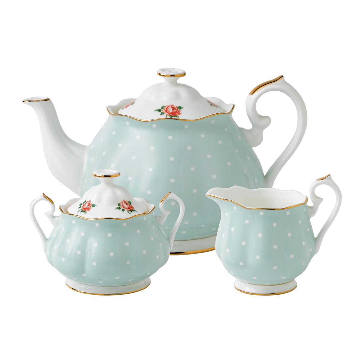 Royal Albert China Polka Rose 3 Piece Teaset - Teapot, Sugar, Creamer