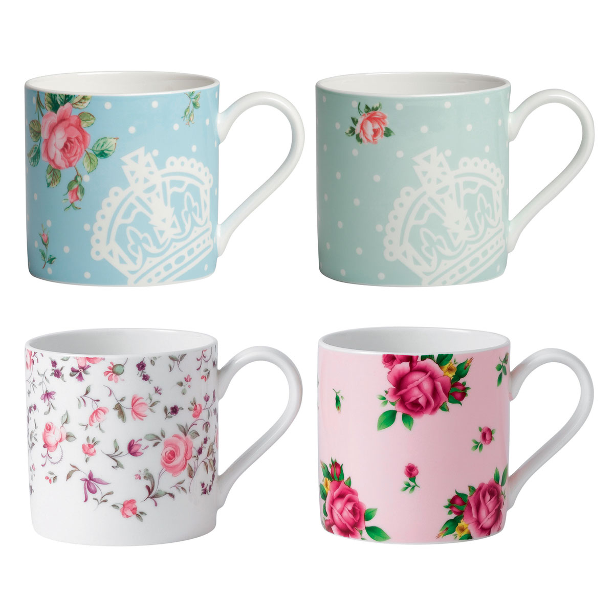 Royal Albert China New Country Roses Modern Mugs Set of Four (Pink, Blue, Rose, Confetti)