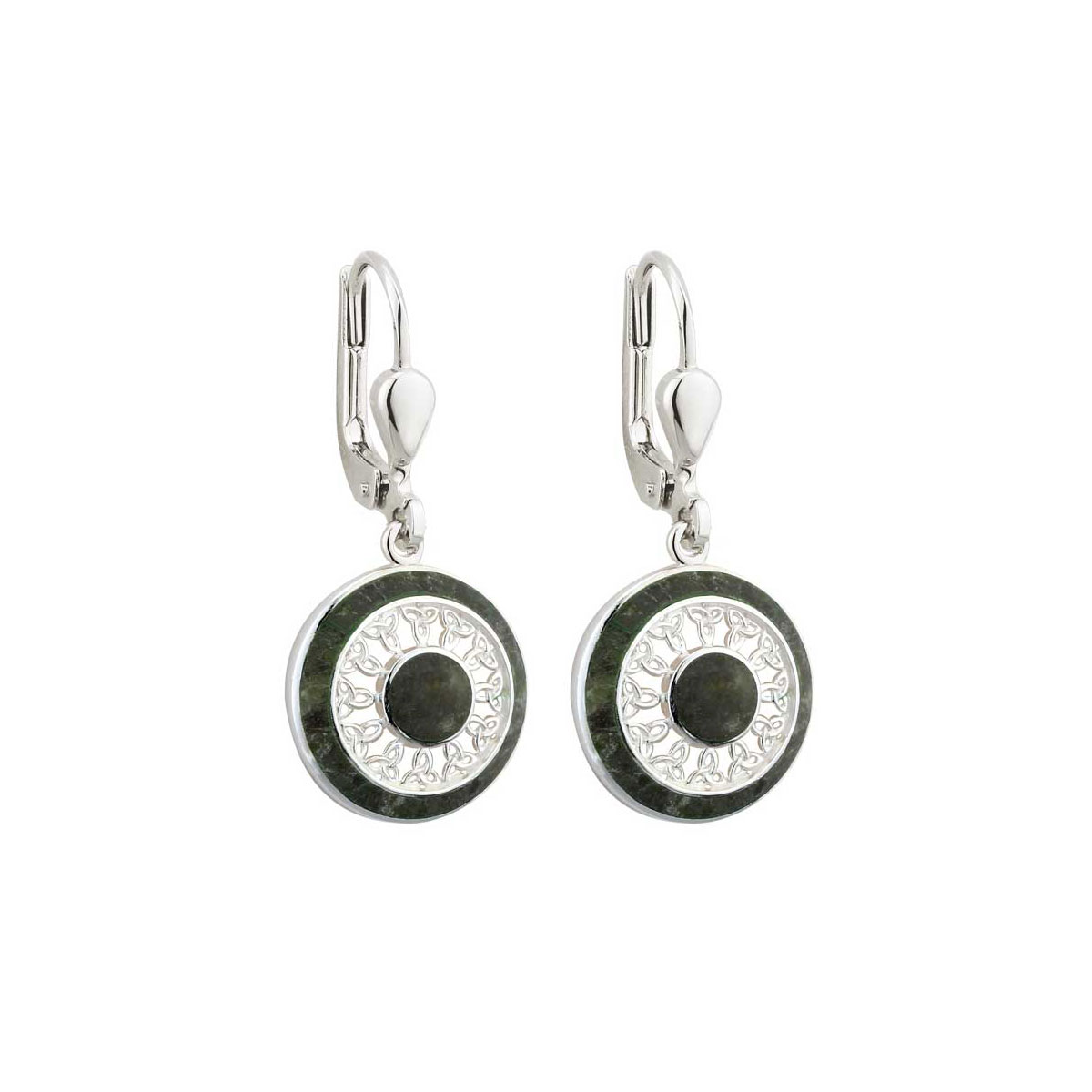 Cashs Ireland, Sterling Silver and Connemara Marble Round Trinity Earrings Pair