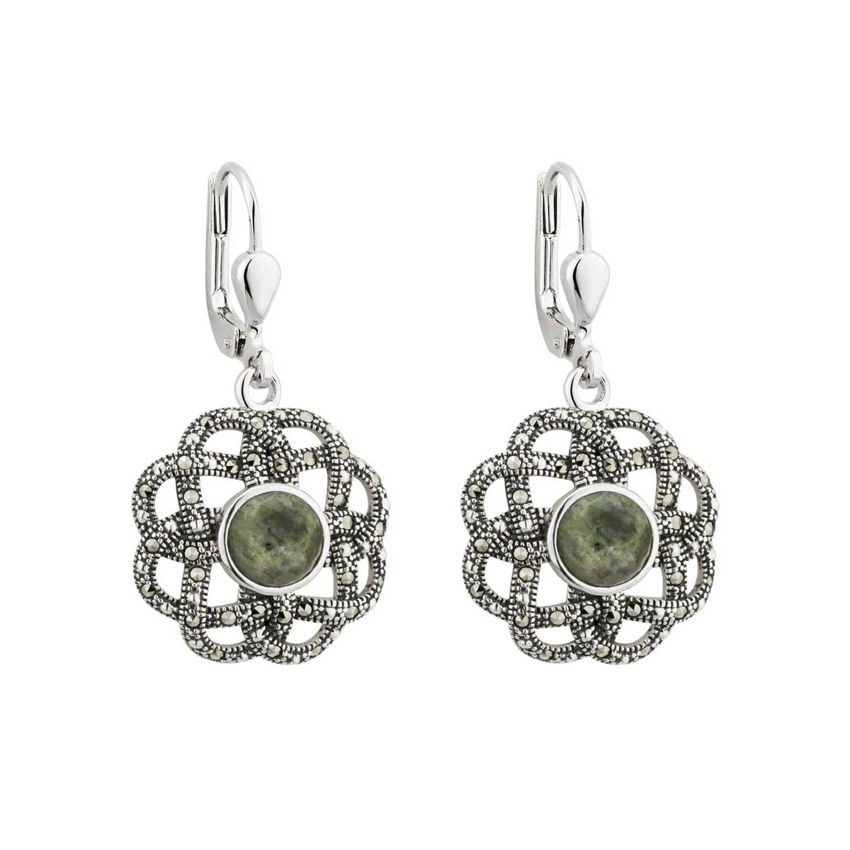 Cashs Ireland, Sterling Silver Marcasite and Marble Celtic Drop Pierced Earrings Pair