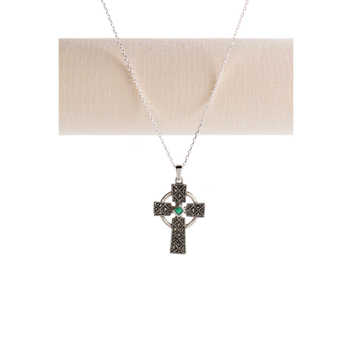 Cashs Ireland, Sterling Silver Cross Pendant With Emerald Gemstone Necklace