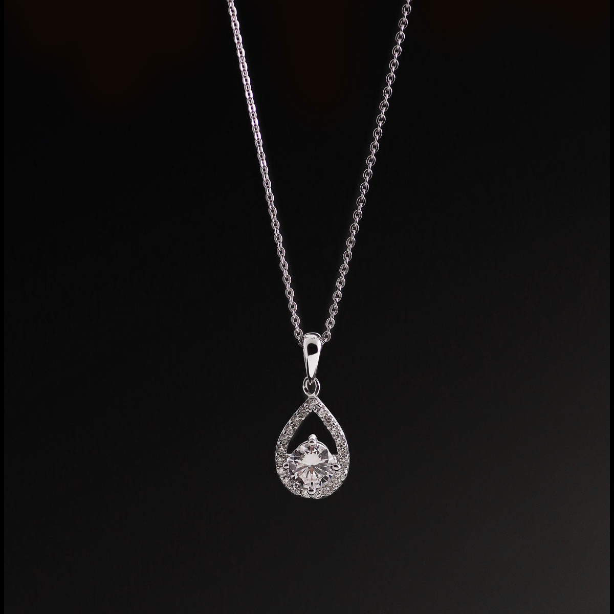 Cashs Ireland, Crystal Sterling Silver Teardrop Pave Solitaire Pendant Necklace