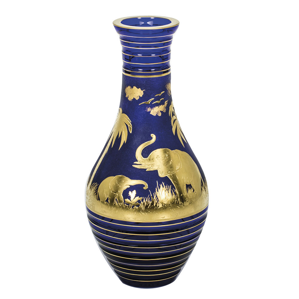 Moser Crystal Animor Vase 11.8" Engr Elephants Gold, Dark Blue