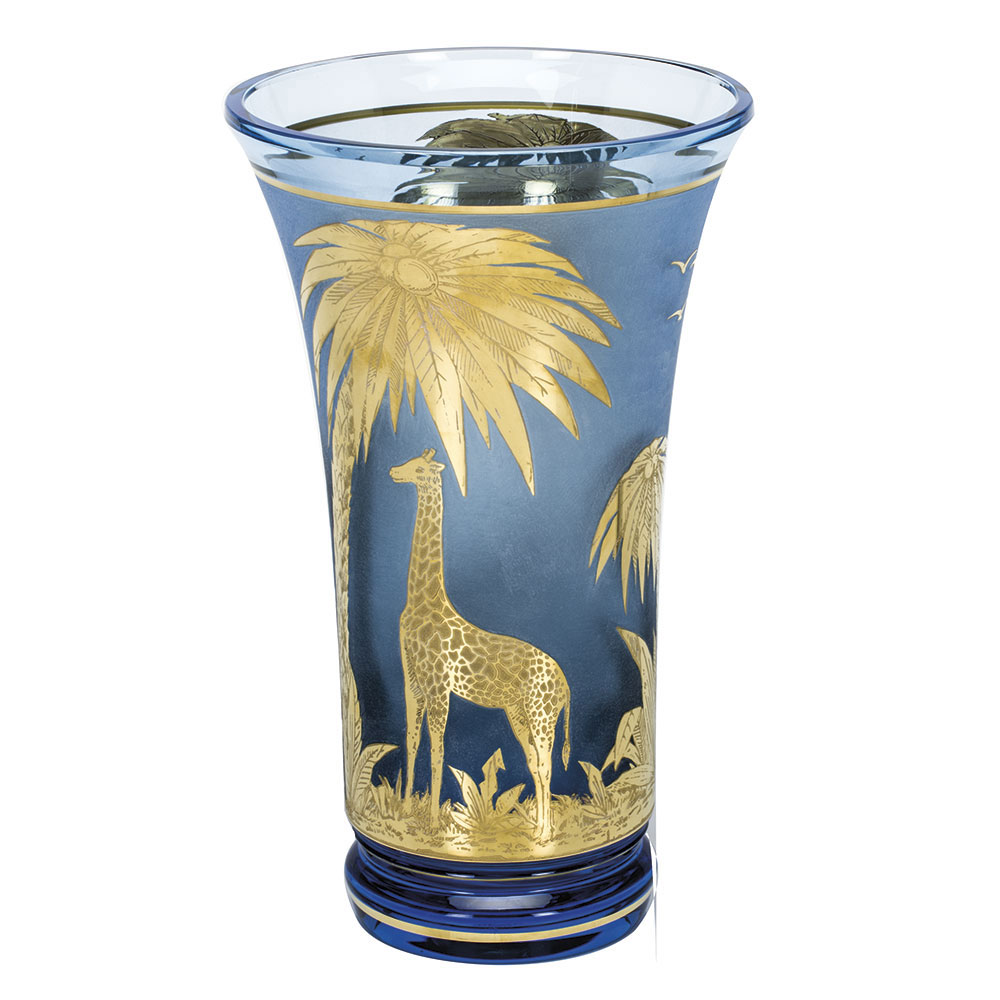 Moser Crystal Animor Vase 12.6" Engr Giraffes Gold, Aquamarine