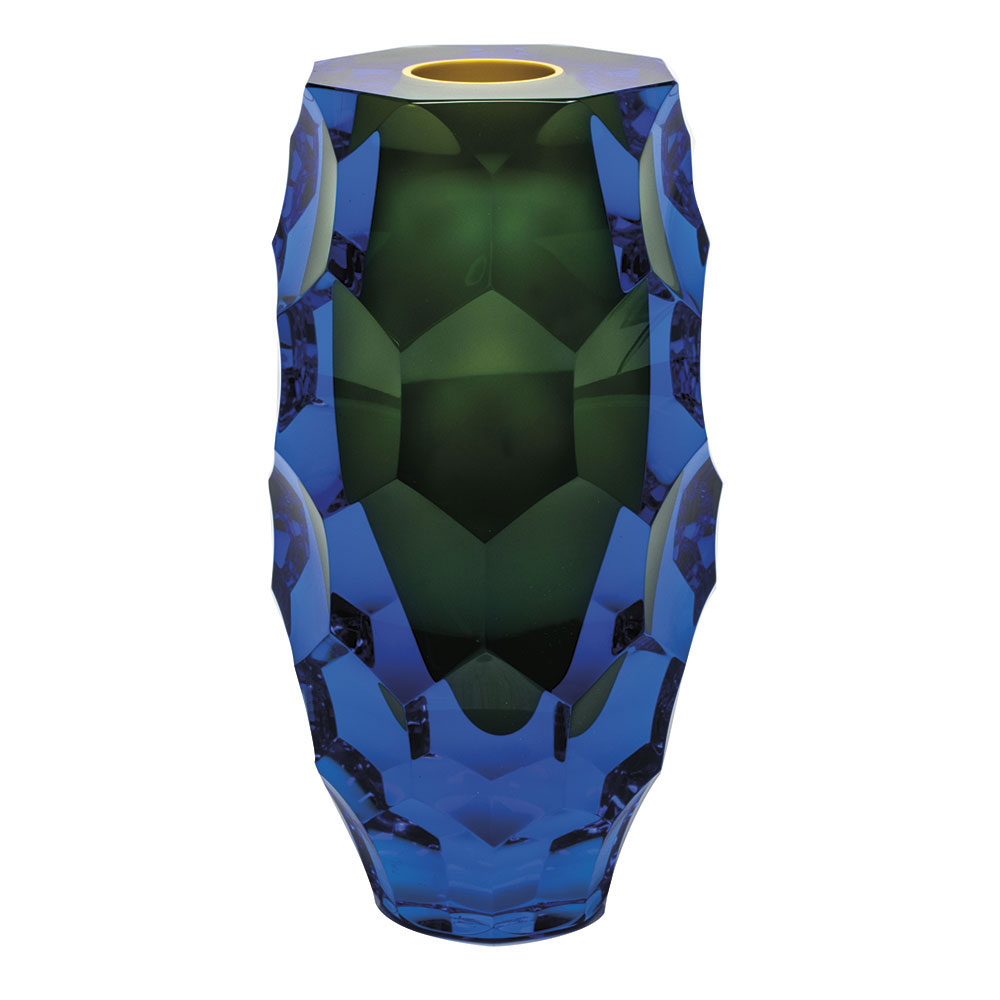 Moser Crystal Cone Vase 10.2" Aquamarine and Underlay Yellow