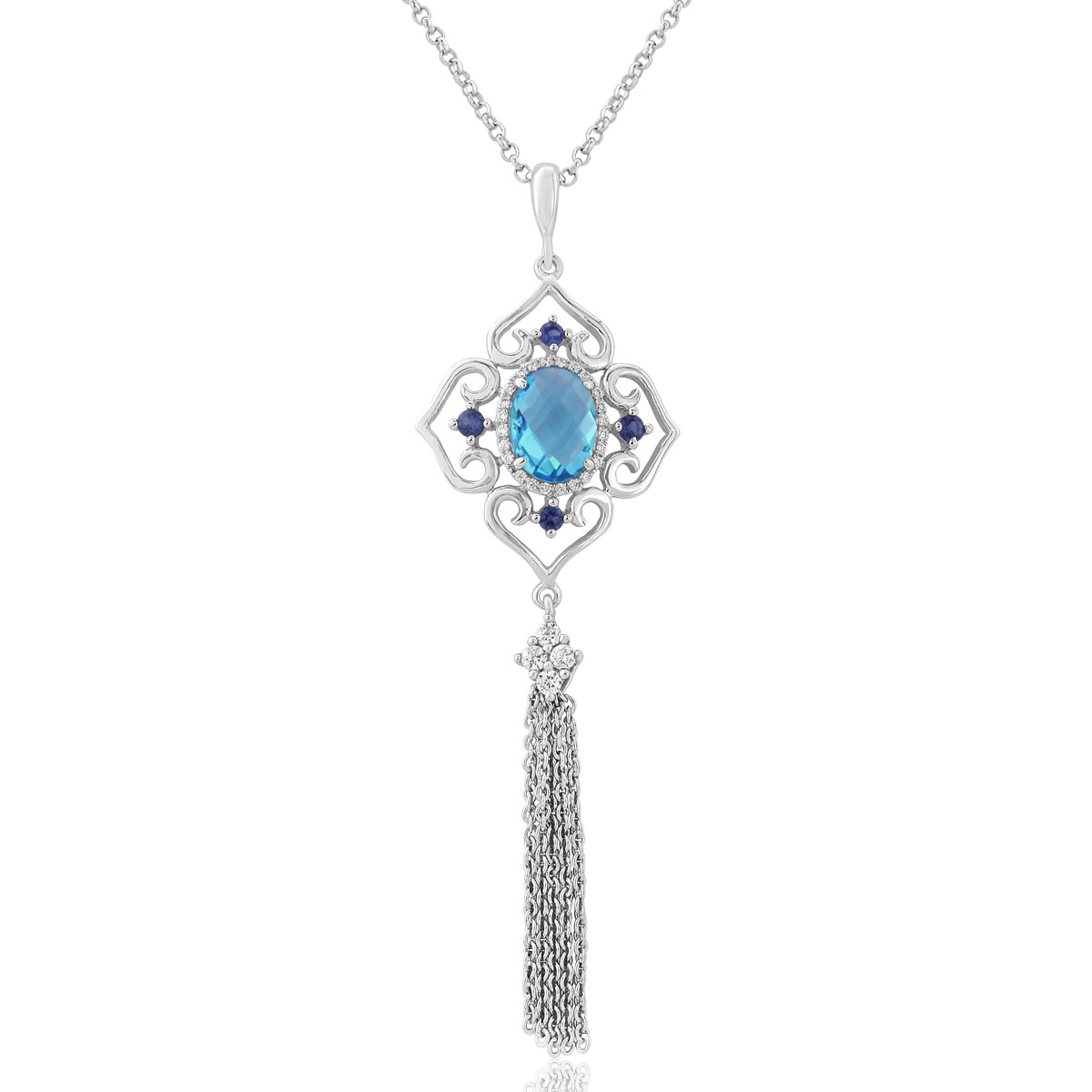 Waterford Jewelry Sterling Silver Pendant Ornate Multi Blue Topaz Tassle