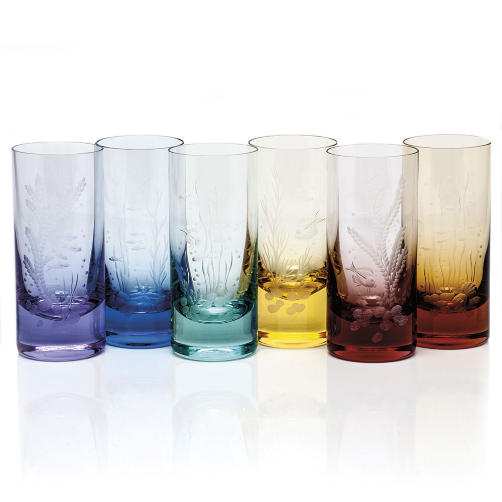 Moser Crystal Whisky Hiball 13.5 Oz. Set of 6 Ocean Life - Rainbow Colors