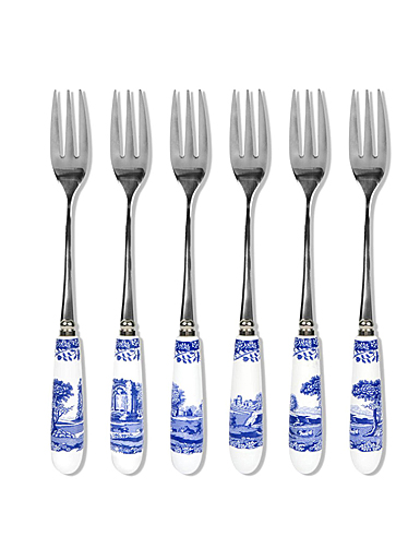 Spode Blue Italian Flatware Pastry Forks Set of 6, Ceramic Handle