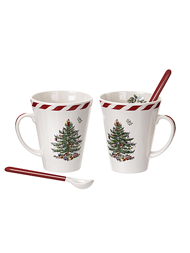 Spode Christmas Tree Peppermint Pair Mug, Spoons