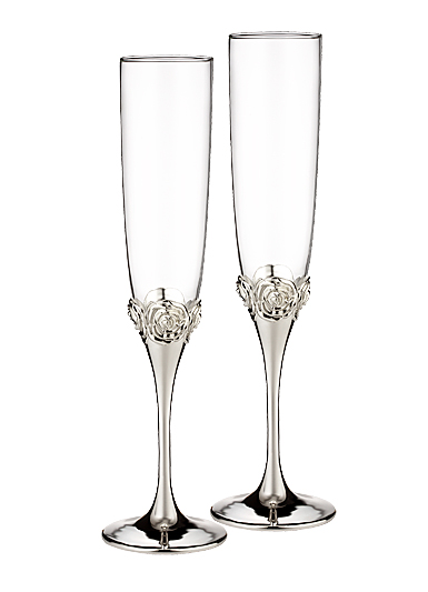 Monique Lhuillier Waterford Crystal and Silver Sunday Rose Silver Toasting Flute, Pair