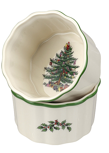 Spode Christmas Tree Bakeware Round Scalloped Ramekins Pair