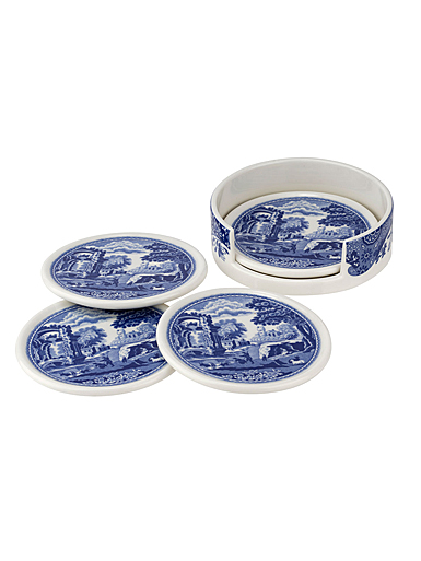 Spode Blue Italian Accessories 4 Piece Ceramic Coaster Set with Holder