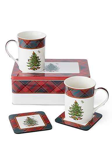 Spode Christmas Tree Tartan 5 Piece Mug, Tin, And Coaster Set