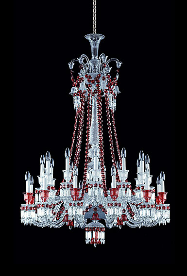 Baccarat Crystal, Zenith Red and Clear 24 Light Chandelier, Long
