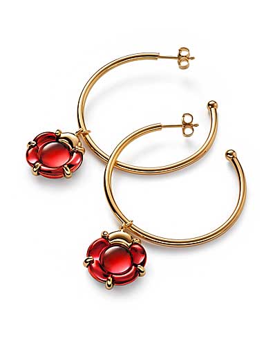Baccarat Crystal B Flower Hoop Earrings, Red Mirror and Gold Vermeil