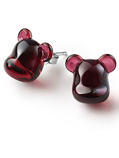 Baccarat BearBrick Silver, Red Crystal Stud Earrings, Pair 