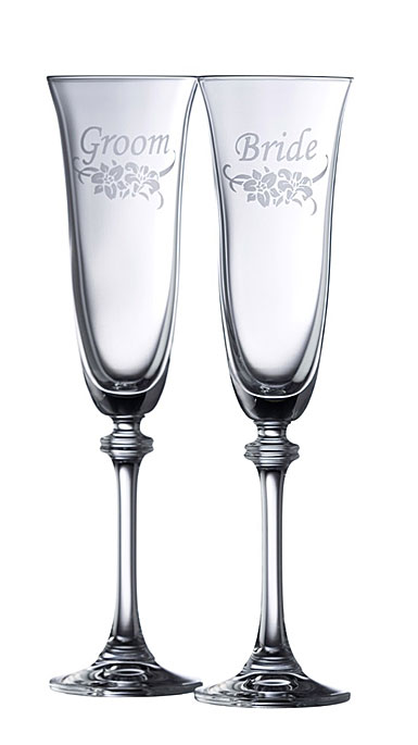 Galway Crystal Floral Bride and Groom Liberty Flute, Pair