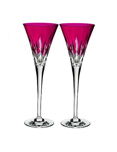 Waterford Lismore Pops Hot Pink Toasting Crystal Flutes, Pair