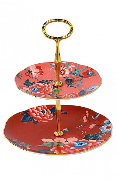 Wedgwood China Paeonia Blush Cake Stand Two Tier, Coral and Red