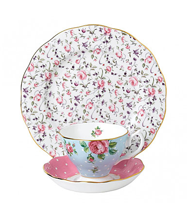 Royal Albert Vintage Mix 3-Piece Set, Teacup, Saucer and Plate Polka Blue, Cheeky Pink and Rose Confetti