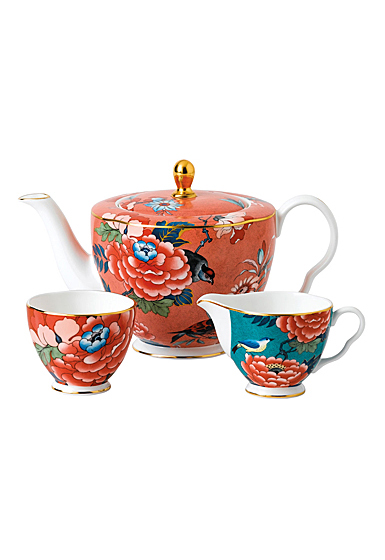 Wedgwood China Paeonia Blush 3 Piece Tea Set, Teapot, Sugar and Creamer