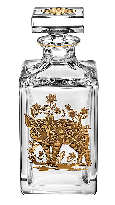 Vista Alegre Crystal Golden Whisky Decanter with Gold Pig