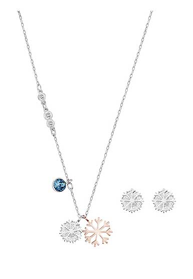 Swarovski Crystal and Rhodium Duo Snowflake Necklace and Pierced Earring Set
