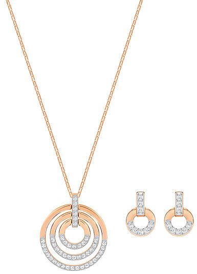 Swarovski Crystal and Rose Gold Circle Necklace and Pierced Earrings Jewelry Set