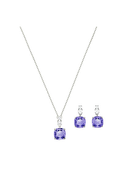 Swarovski Vintage Square Violet and Rhodium Necklace and Pierced Earring Set