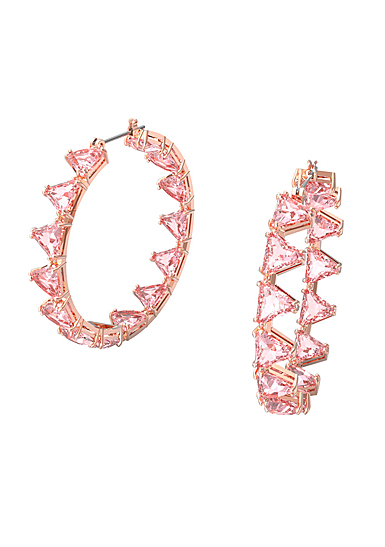 Swarovski Triangle Cut Crystals, Pink, Rose-Gold Tone Plated Millenia Hoop Pierced Earrings
