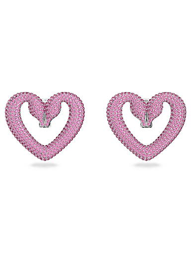 Swarovski Una Clip Earrings, Heart, Medium, Pink, Rhodium Plated