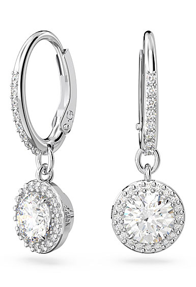 Swarovski Constella Round Cut Crystal with Pave and Rhodium Drop Pierced Earrings